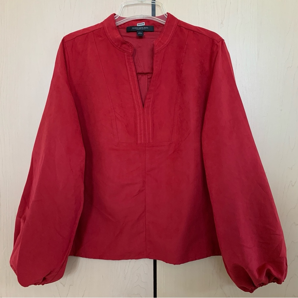 Marc New York Top Women's Long Puff Sleeve Faux Suede Blouse Red‎ Size L